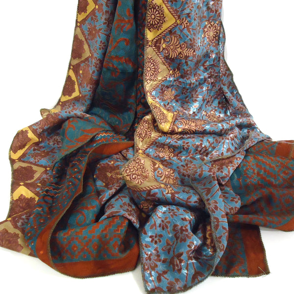 Patterned silk scarf with blue and brown colors 