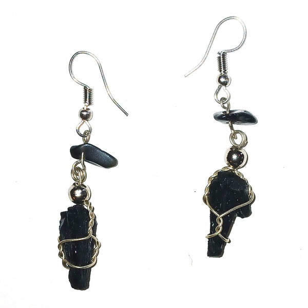 Pair of black stone earrings with silver wire wrapping