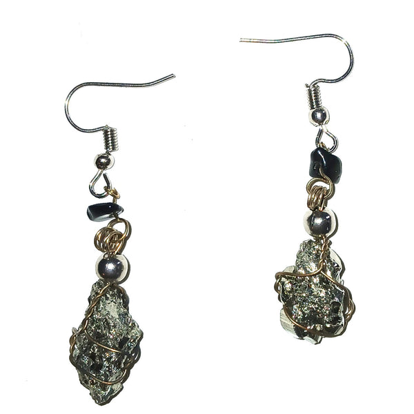 Pair of earrings with natural stone and metal components.