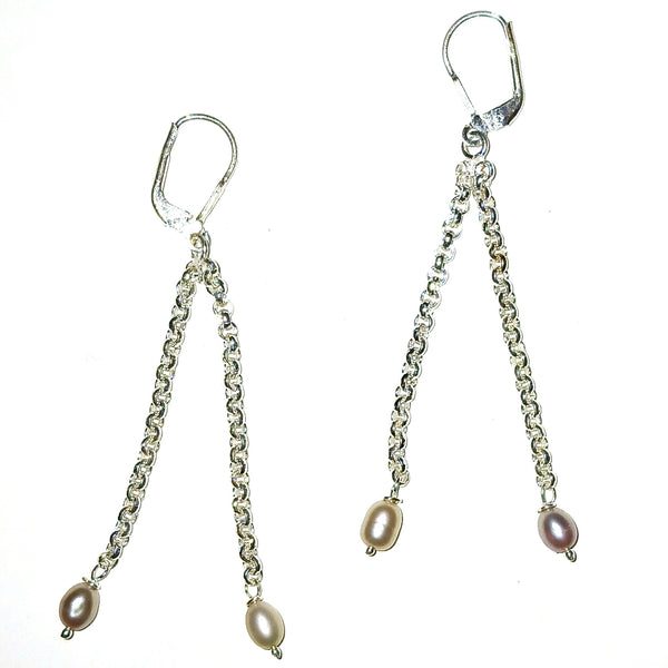 Pair of silver chain earrings with pearls
