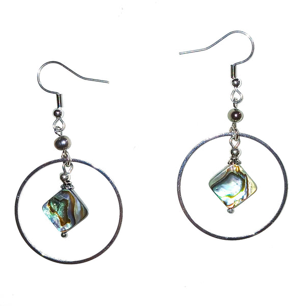 Pair of earrings with hoop design and abalone shell dangle
