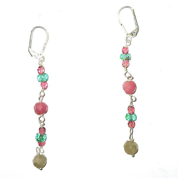 Pair of earrings with colorful beads in pinks and greens