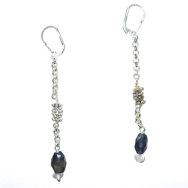 Silver chain earrings with purple and clear gemstones 