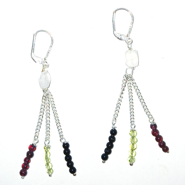 Pair of silver chain earrings with colorful beads 
