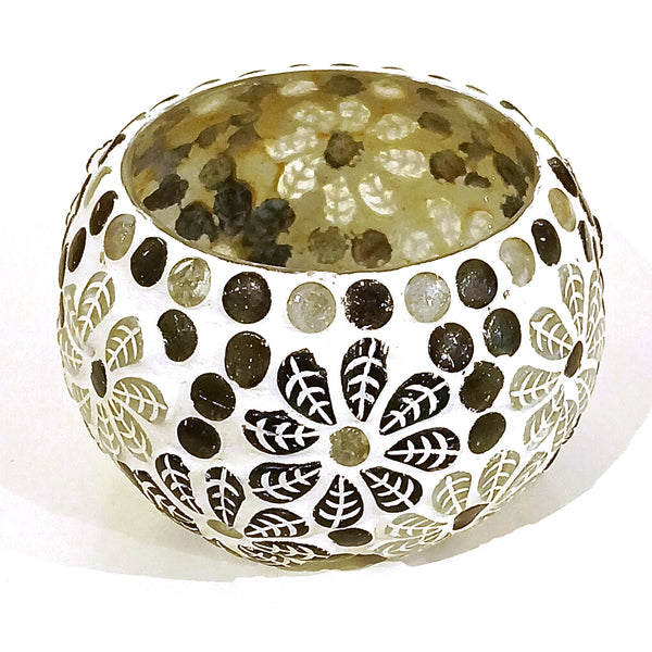 Decorative mosaic glass bowl / votive holder with leaf pattern 
