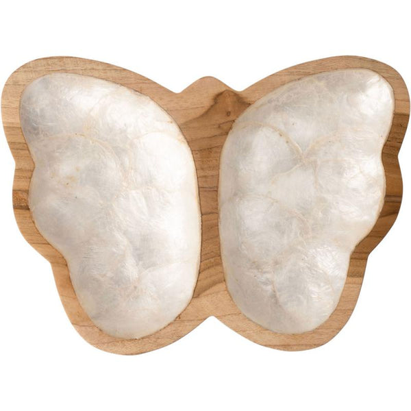 A butterfly-shaped wooden serving board with two white shell wings.