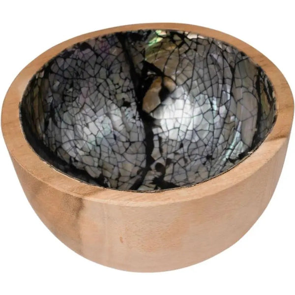 Wooden bowl with a black shell inlay interior.