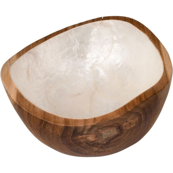 Wooden bowl with shell inlay inside.