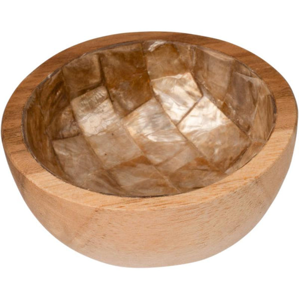 Wooden bowl with a gold shell inlay interior.