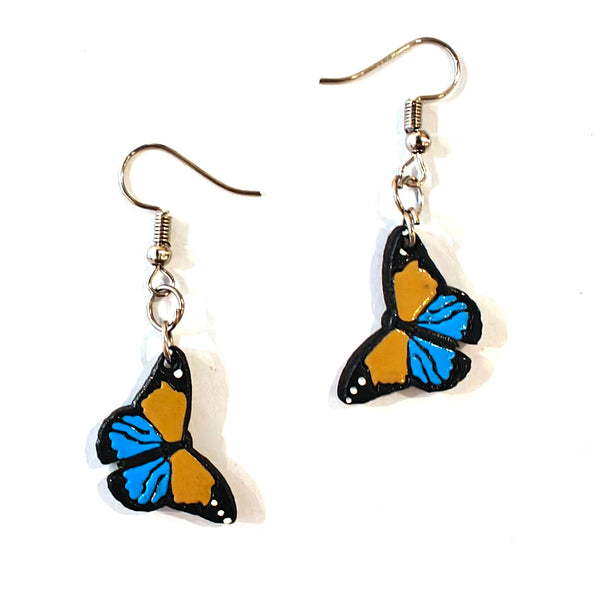 Painted Wooden Butterfly Earrings - Blue & Tan