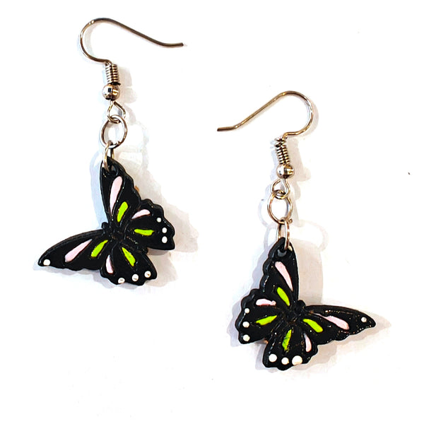 Painted Wooden Butterfly Earrings - Black & Green