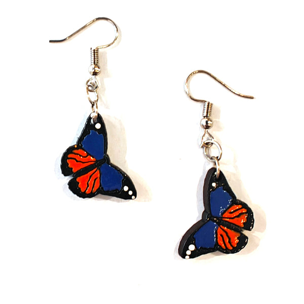 Painted Wooden Butterfly Earrings - Navy & Orange