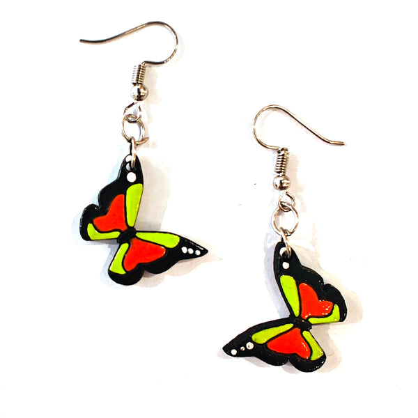 Painted Wooden Butterfly Earrings - Lime & Orange