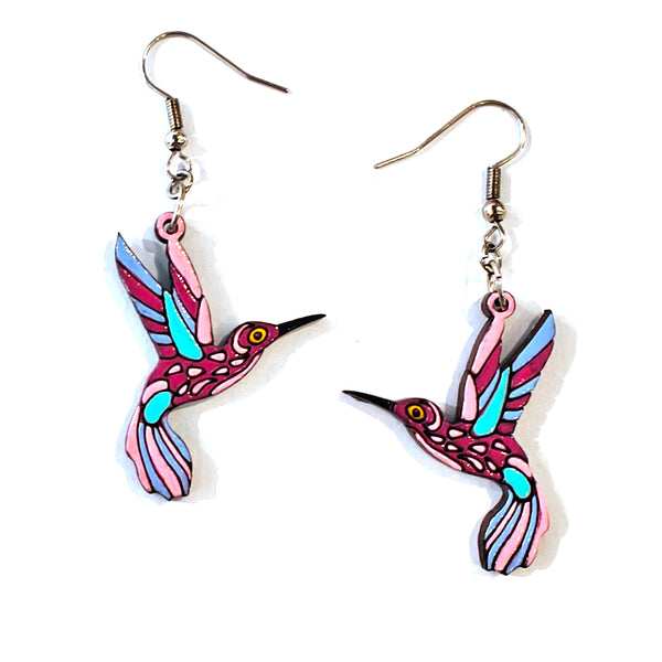 Painted Wooden Hummingbird Earrings - Pink & Blue
