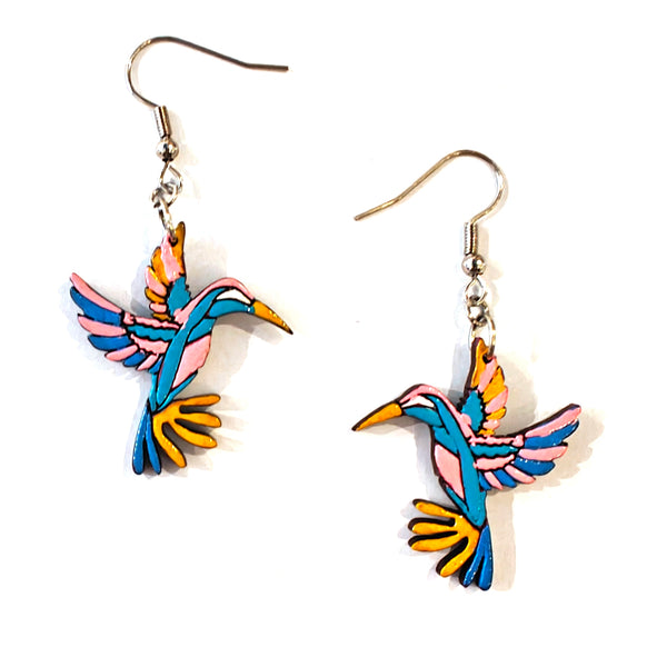 Painted Wooden Hummingbird Earrings - Yellow & Blue