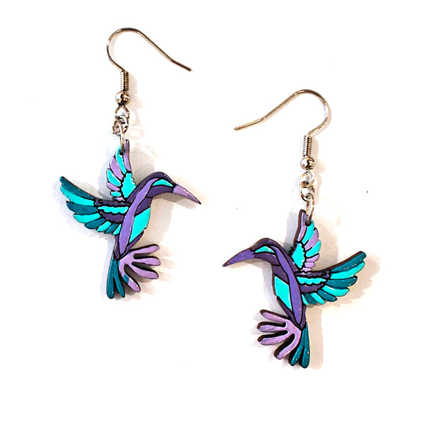 Painted Wooden Hummingbird Earrings - Blue & Purple