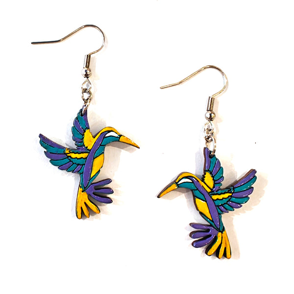 Painted Wooden Hummingbird Earrings - Yellow & Purple