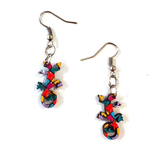 Painted Wooden Gecko Earrings - Red & Yellow