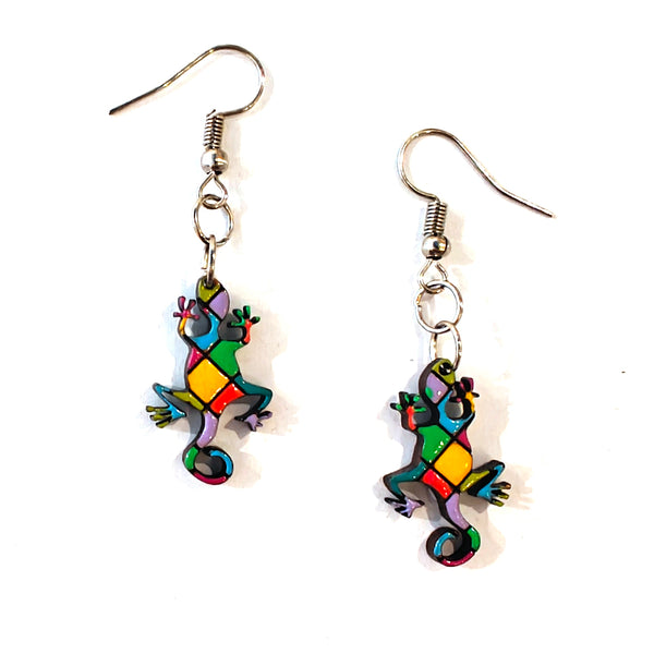 Painted Wooden Gecko Earrings - Green & Yellow