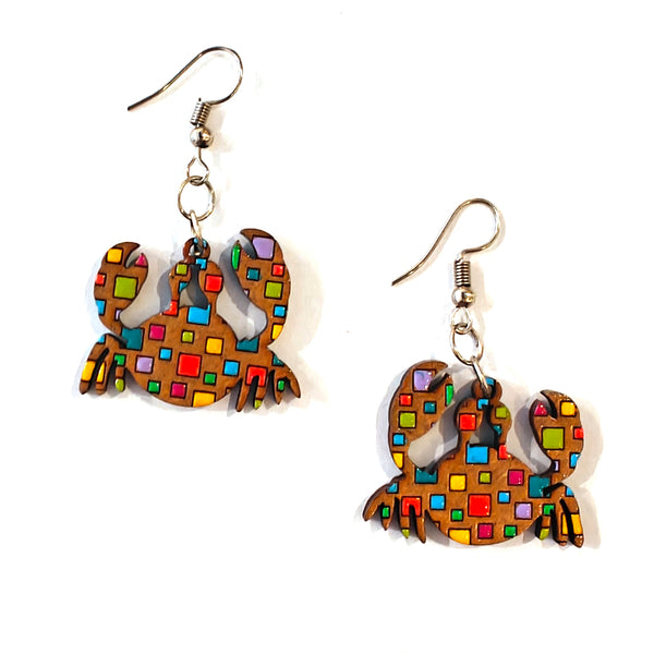 Painted Wooden Crab Earrings