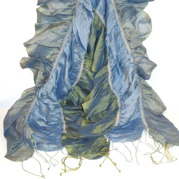 Ruched cotton and silk scarf in shades of denim blue available at Cerulean Arts. 