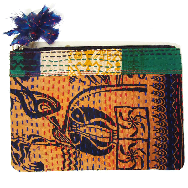 Upcycled sari silk pouch with kantha stitching available at Cerulean Arts.&nbsp;