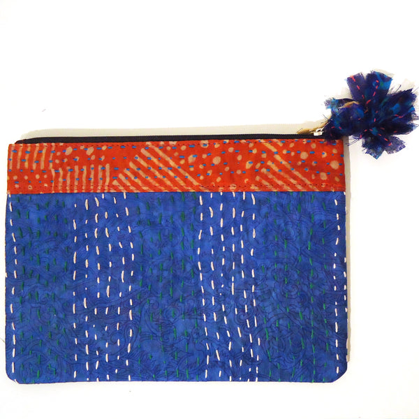 Upcycled sari silk pouch with kantha stitching available at Cerulean Arts.&nbsp;