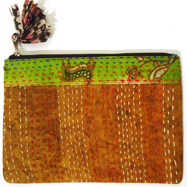 Upcycled sari silk pouch with kantha stitching available at Cerulean Arts.