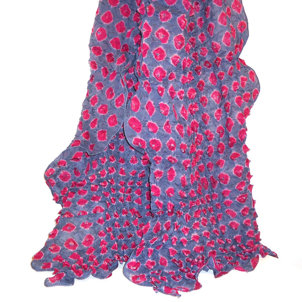 Bandhani hand tie-dyed scarf in silver and orchid available at Cerulean Arts. 
