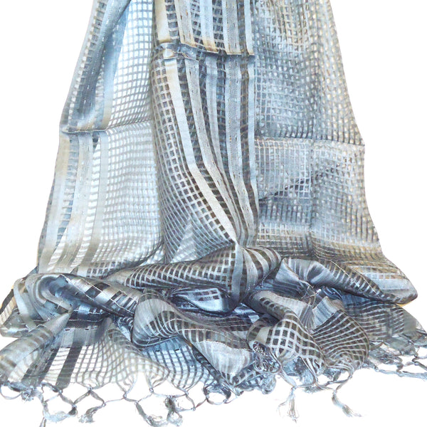 Sheer scarf in silver with black subtle square pattern available at Cerulean Arts. 