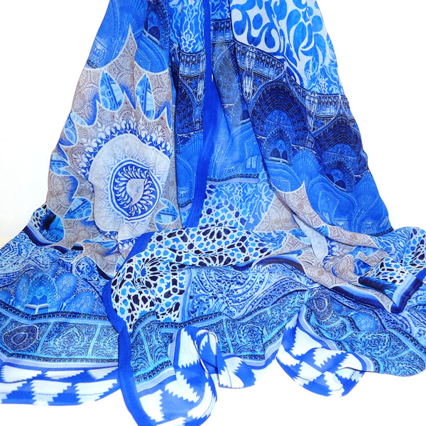 Deep blue with contrasting white scarf featuring intricate mandala pattern, available at Cerulean Arts. 