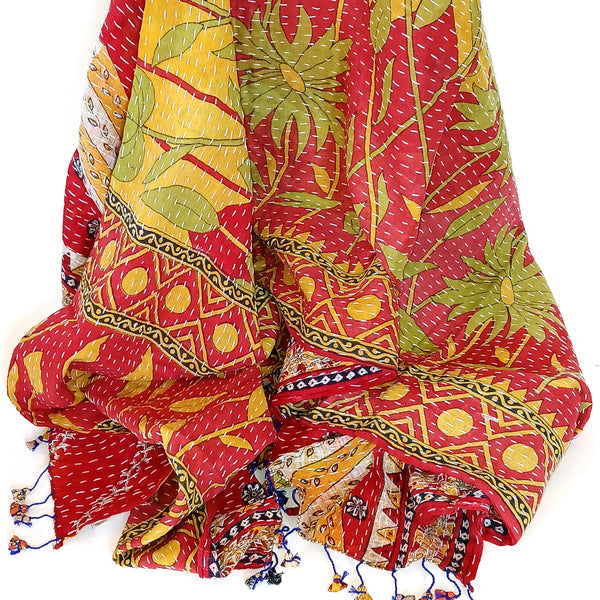 Cotton scarf made from vibrant fabrics with kantha embroidery stitching available at Cerulean Arts