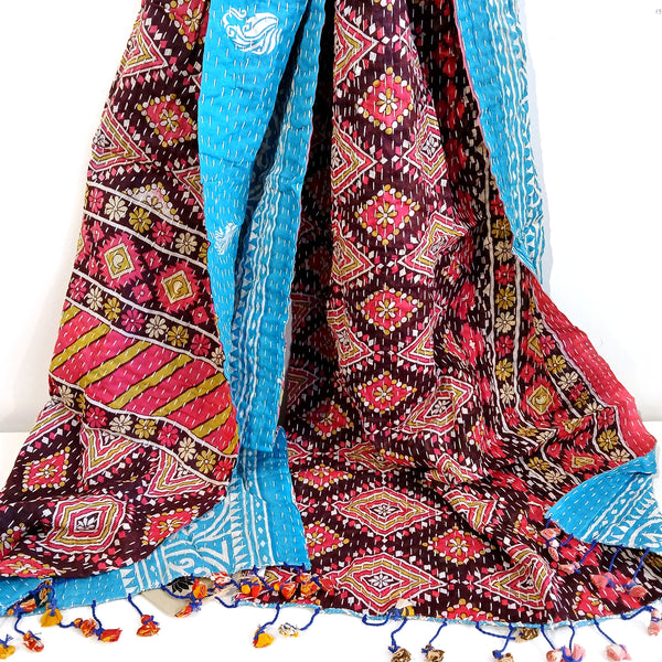 Colorful patterned fabric with blue accents 