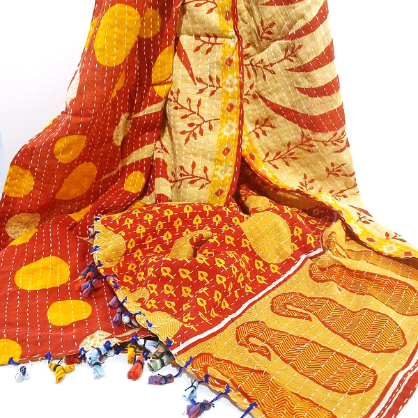 Cotton kantha stitch scarf in red and orange patterns.