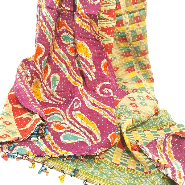 Cotton with kantha stitch scarf in magenta and green color patterns.