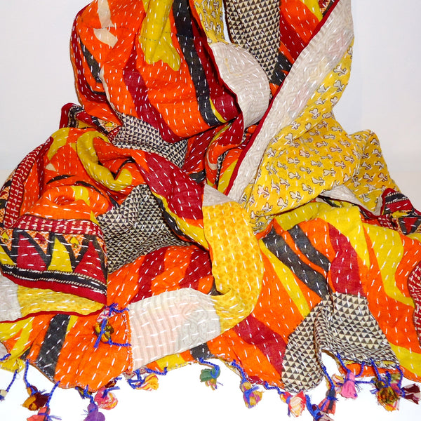 Cotton scarf made from vibrant fabrics with kantha embroidery stitching available at Cerulean Arts.