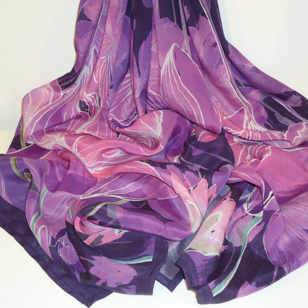 Bold lotus design scarf in rich shades of purple, available at Cerulean Arts. 