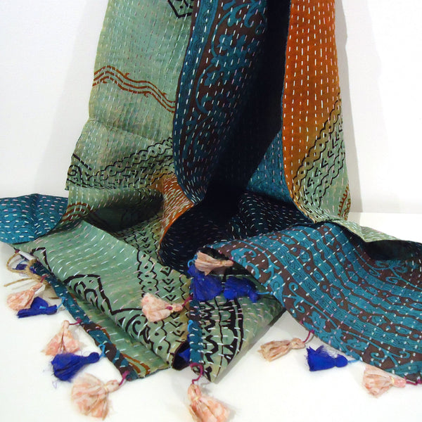 Silk&nbsp;scarf made from upcycled saris with kantha embroidery stitching available at Cerulean Arts.