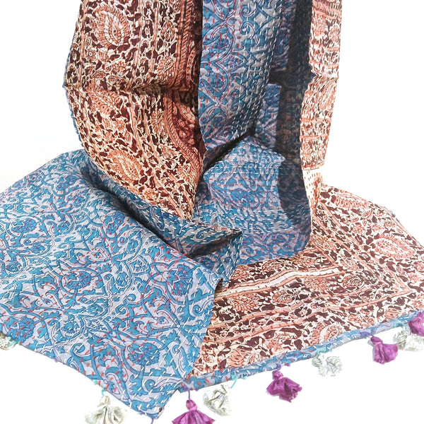 Silk scarf with kantha stitching and tassels in maroon and blue patterns.