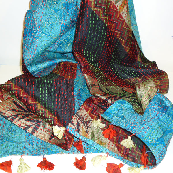 Silk scarf made from upcycled saris with kantha embroidery stitching available at Cerulean Arts.