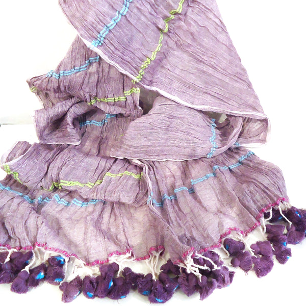 Finely-woven lavender cotton scarf with subtle stripe and playful tassels, available at Cerulean Arts. 