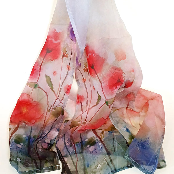 Red poppy floral scarf available at Cerulean Arts. Made from the inner fibers of the cotton seed, the 100% Cupro fabric has the feel of silk and lightness of cotton.