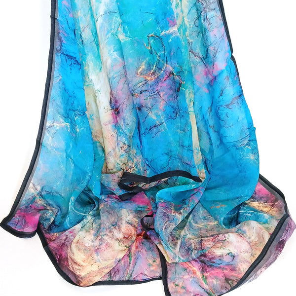 Bright abstract patterned scarf in shades of turquoise & orchid, available at Cerulean Arts.