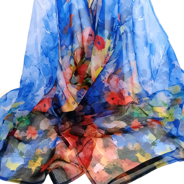 Field of flowers scarf in vibrant floral colors, available at Cerulean Arts.