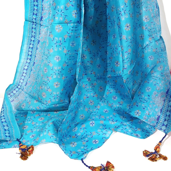 Blue floral patterned fabric with tassels 