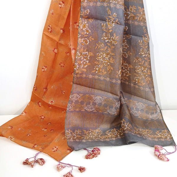 Orange and gray with floral patterns scarf