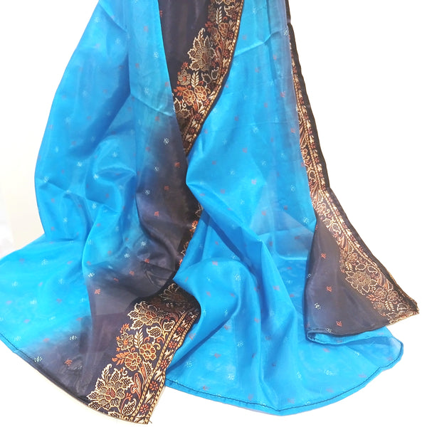 Bright blue silk scarf with black and gold edge.