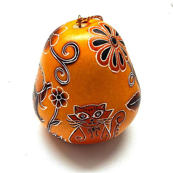Decorative gourd ornament with floral and whimsical cat designs