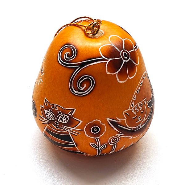 Decorative gourd ornament with floral and whimsical cat designs