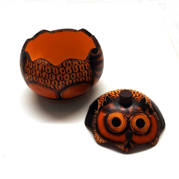 Decorative gourd box with carved owl design
